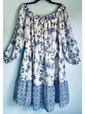 Floral Fairy Coquette Off Shoulder Dress ECI XL Blue White